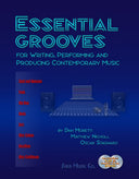Cover of 'Essential Grooves' book, featuring text and logos related to the content on a blue background, with an image of a soundboard, computer, and microphones.