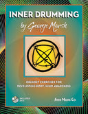 Cover of the book 'Inner Drumming' by George Marsh, featuring a graphic of a drum with symbols inside it, against a colorful background. The cover also mentions that it includes a DVD.