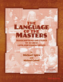 Cover of the book 'The Language of the Masters' by Michael Spiro and Michael Coletti, featuring photographs of various Latin percussion artists.