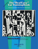 Cover of 'The Real Easy Ear Training Book' by Roberta Radley, featuring a black and white abstract artwork with musical notes and a title text overlay.