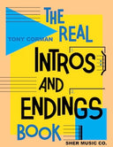 Book cover of 'The Real Intros and Endings Book' by Tony Corman with blue and yellow geometric design elements.