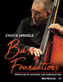 Book cover of 'Bass Foundations' by Chuck Israels with a picture of him playing an upright bass.