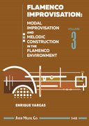Book cover of 'Flamenco Improvisation' by Enrique Vargas with musical notation and guitar illustration on a brown background.