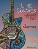 Book cover of 'Line Games' by Randy Vincent with a colorful mosaic guitar illustration on a gradient background.