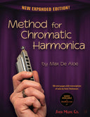Book cover of 'Method for Chromatic Harmonica' by Max De Aloe with a harmonica held in a hand against a purple stage curtain.