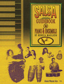 'Salsa Guidebook for Piano & Ensemble' book cover with illustrations of people dancing and playing salsa music, featuring a yellow and green color scheme.