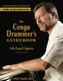 Book cover of 'The Conga Drummer's Guidebook' by Michael Spiro, with Spiro playing conga drums in front of a black background.