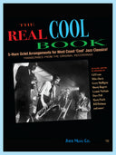 Book cover of 'The Real Cool Book' by Sher Music Co., with a jazz octet playing music and text about 5-horn octet arrangements.