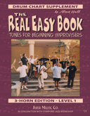 Book cover of 'The Real Easy Book Volume 1 Drum Chart Supplement' by Sher Music Co., with a student ensemble with their instruments on a staircase and musical notes in the background.