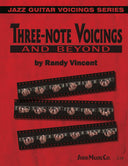 Book cover of 'Three-Note Voicings and Beyond' by Randy Vincent with images of guitar fingerings, a red background, and black text.