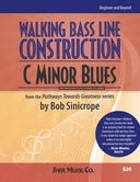 Book cover of 'Walking Bass Line Construction C Minor Blues' by Bob Sinicrope with a red and orange gradient background.